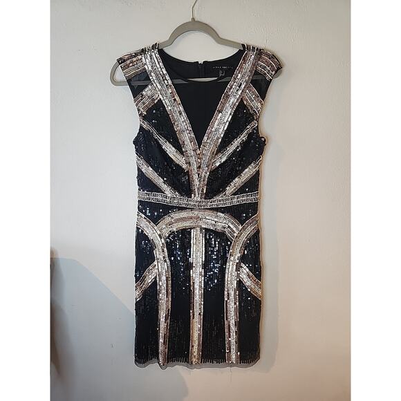 Aidan Mattox Women's Cocktail Dress Size 6 Black Silver Sequined Mini Sheath - Picture 1 of 7